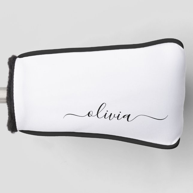 Black White Modern Script Girly Monogram Name Golf Head Cover (Front)