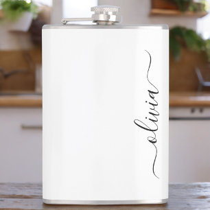Black White Modern Script Girly Monogram Name Hip Flask