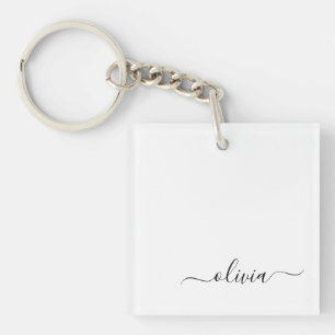 Black White Modern Script Girly Monogram Name Key Ring