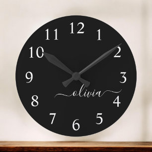 Black White Modern Script Girly Monogram Name Large Clock