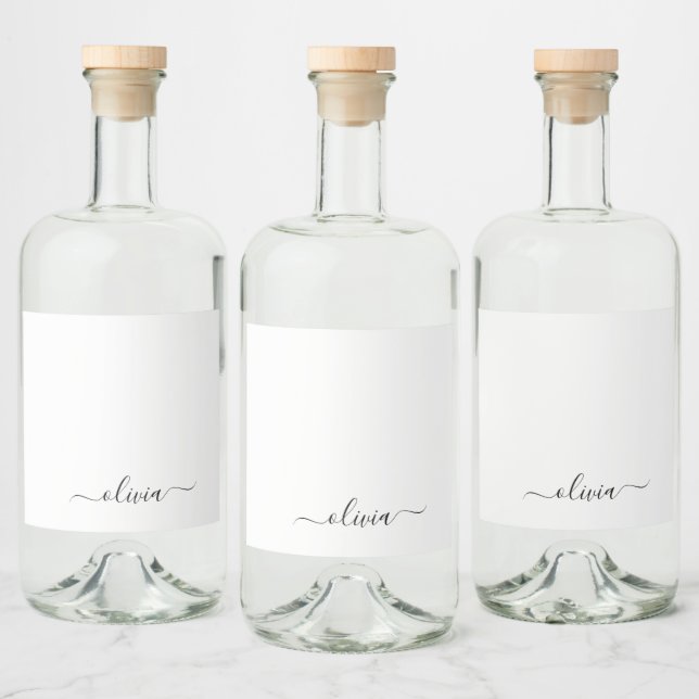 Black White Modern Script Girly Monogram Name Liquor Bottle Label (Bottles)