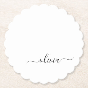 Black White Modern Script Girly Monogram Name Paper Coaster
