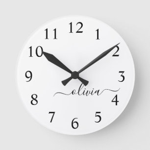 Black White Modern Script Girly Monogram Name Round Clock
