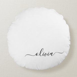 Black White Modern Script Girly Monogram Name Round Cushion