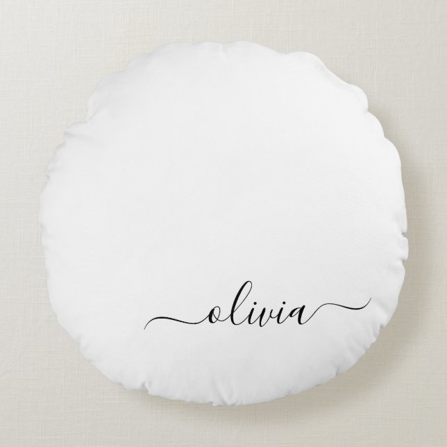Black White Modern Script Girly Monogram Name Round Cushion (Front)