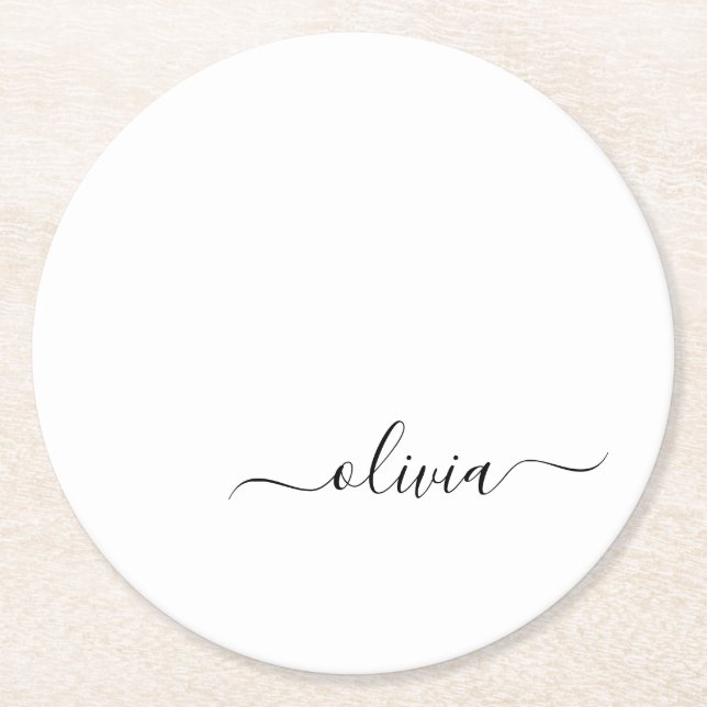 Black White Modern Script Girly Monogram Name Round Paper Coaster (Front)