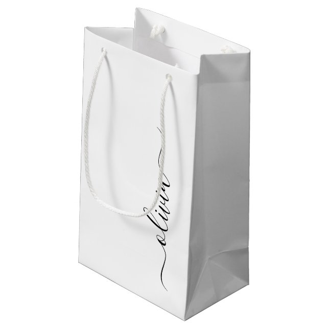 Black White Modern Script Girly Monogram Name Small Gift Bag (Back Angled)