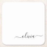 Black White Modern Script Girly Monogram Name Square Paper Coaster<br><div class="desc">Black and White Simple Script Monogram Name Paper Coasters. This makes the perfect graduation,  birthday,  wedding,  bridal shower,  anniversary,  baby shower or bachelorette party gift for someone that loves glam luxury and chic styles.</div>
