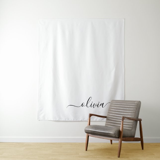 Black White Modern Script Girly Monogram Name Tapestry (In Situ)
