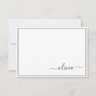Black White Modern Script Girly Monogram Name Thank You Card