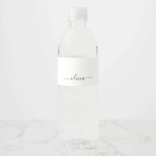 Black White Modern Script Girly Monogram Name Water Bottle Label (Front)