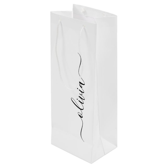 Black White Modern Script Girly Monogram Name Wine Gift Bag (Back Angled)