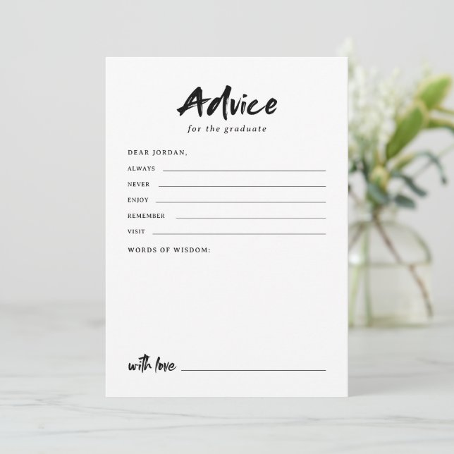Black & White Modern Script Photo Graduation Advice Card (Standing Front)