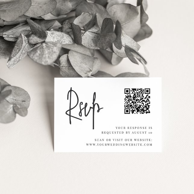 Black & White Modern Script QR Code Wedding RSVP Enclosure Card (Creator Uploaded)