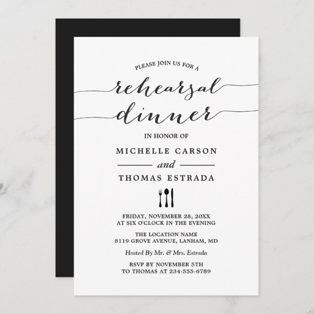 Black White Modern Script Wedding Rehearsal Dinner Invitation (Front/Back)