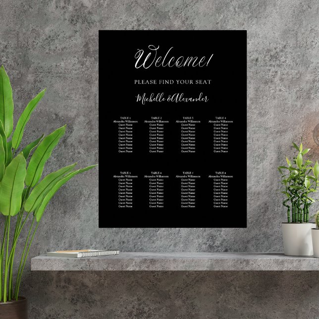 Black white modern script wedding seating chart (Creator Uploaded)