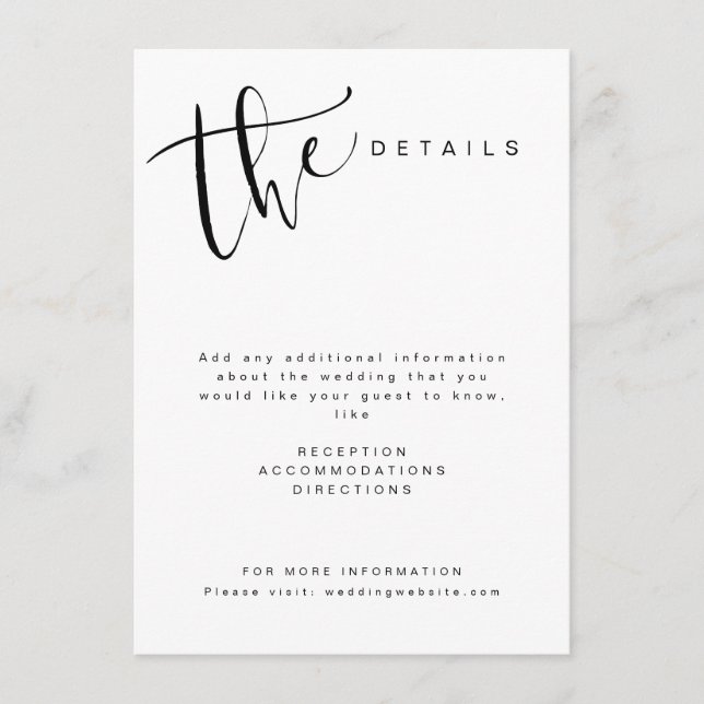 Black White Modern Simple Script Wedding details Enclosure Card (Front)