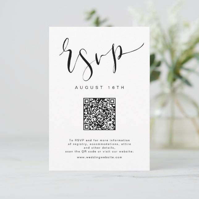 Black White Modern Simple Script wedding QR code RSVP Card (Standing Front)