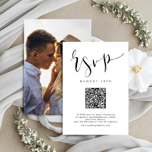 Black White Modern Simple Script wedding QR code RSVP Card