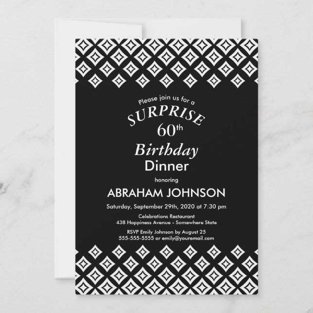 Black White Modern Surprise 60th Birthday Dinner Invitation (Front)