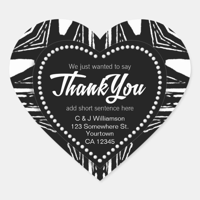 Black White Modern Tribal Thank You Heart Sticker (Front)