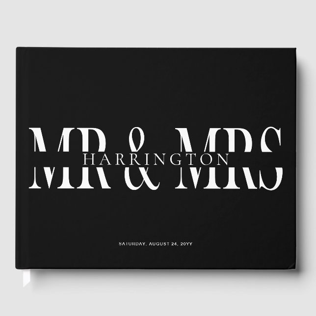 Black White Modern Typography Mr & Mrs Wedding Guest Book (Front)