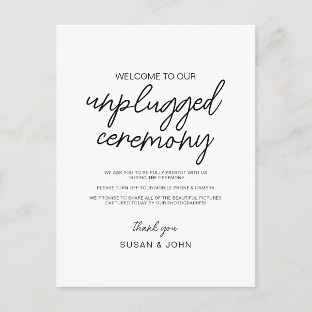 Black & White Modern Unplugged Wedding Sign  Postcard (Front)
