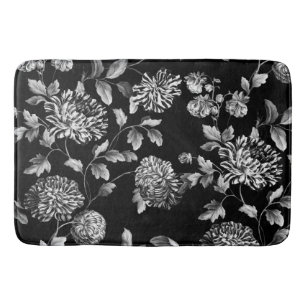 Black White Modern Vintage Botanical Floral Toile Bath Mat