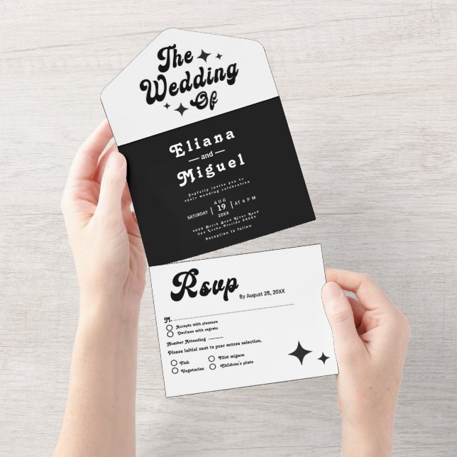  Black white  Modern Vintage retro script Wedding  All In One Invitation (Tearaway)