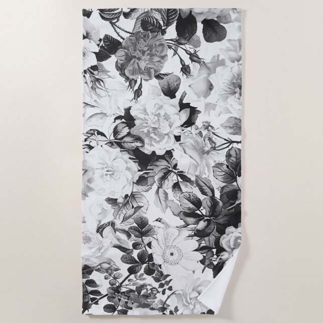Black white modern watercolor country floral beach towel (Front)