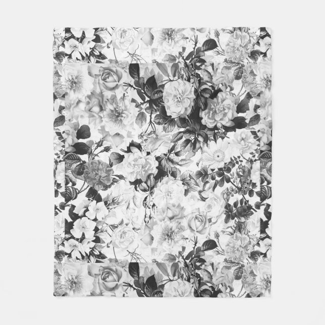 Black white modern watercolor country floral fleece blanket (Front)