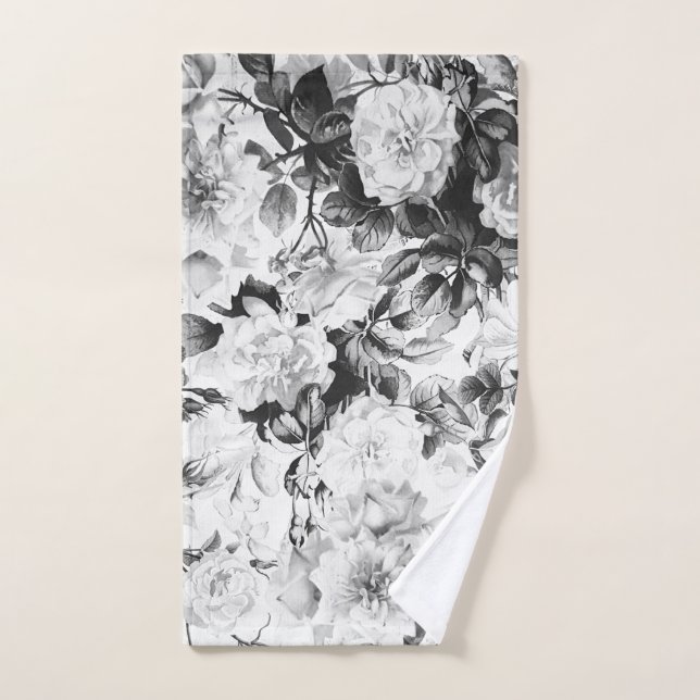 Black white modern watercolor country floral hand towel (Hand Towel)
