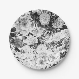 Black white modern watercolor country floral paper plate
