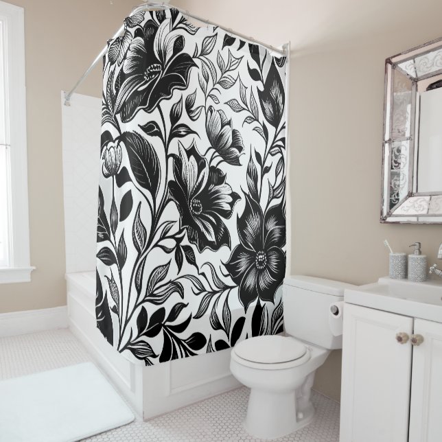 Black white modern watercolor country floral shower curtain (In Situ)