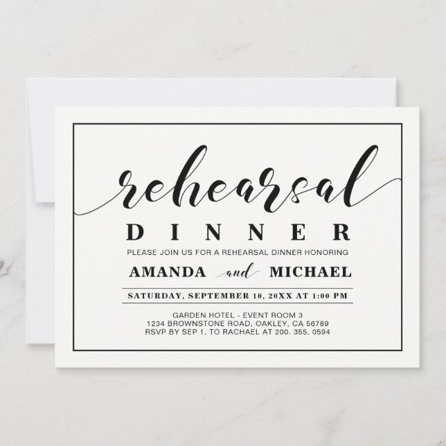 Black & White Modern Wedding Rehearsal Dinner Invitation (Front)