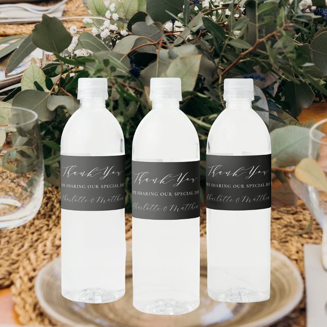 Black white modern wedding thank you water bottle label (Creator Uploaded)