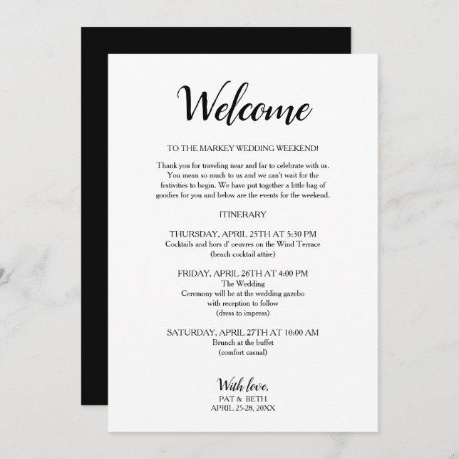 Black & white modern Wedding Weekend Itinerary Invitation (Front/Back)