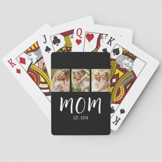 Black White Mom Established Script 3 Photo Elegant Playing Cards (Back)