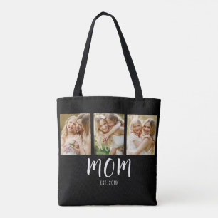 Black White Mom Established Script 3 Photo Elegant Tote Bag