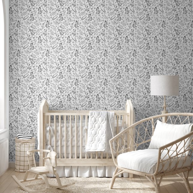 Black White Monochromatic Doodle Flower Wallpaper (Kids)
