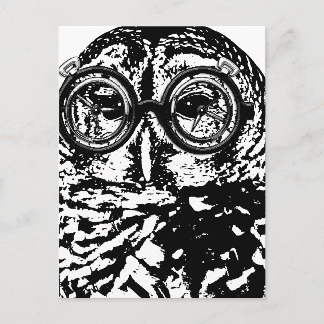 Black & white monochromatic owl with glasses postcard (Front)