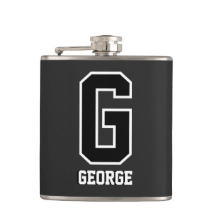 Black White Monogram Bold Modern Sporty Hip Flask