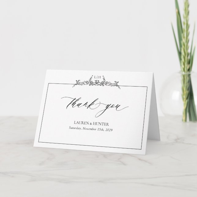 Black White Monogram Border Wedding Thank You Card (Front)