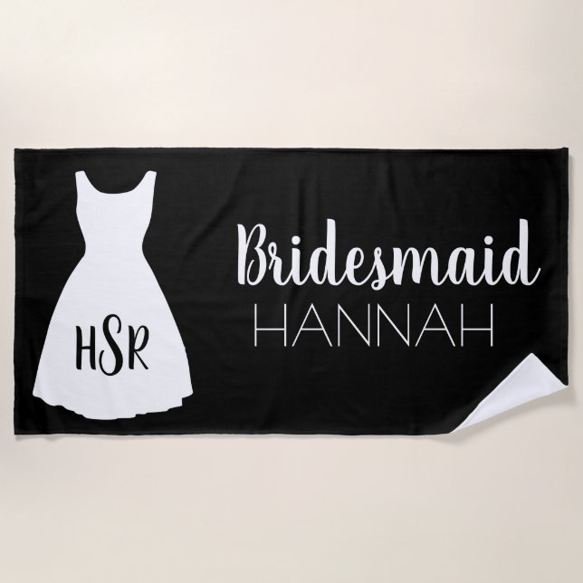 Black White Monogram Bridesmaid Beach Towel (Front)