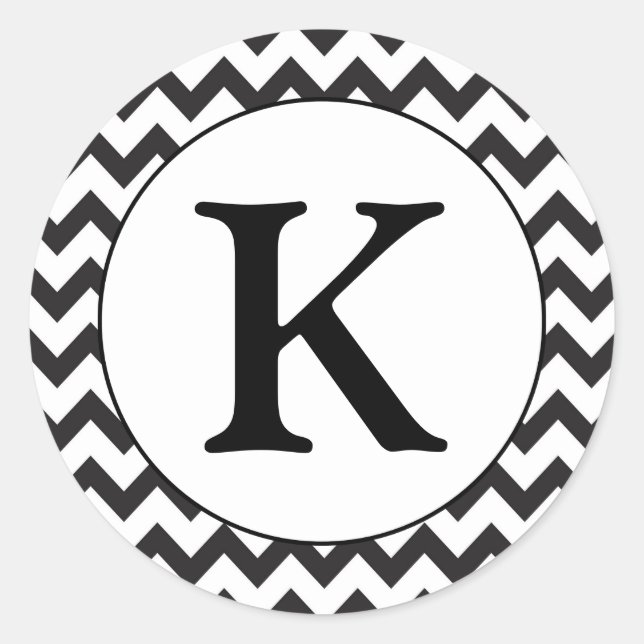 Black & White Monogram Chevron Classic Round Sticker (Front)