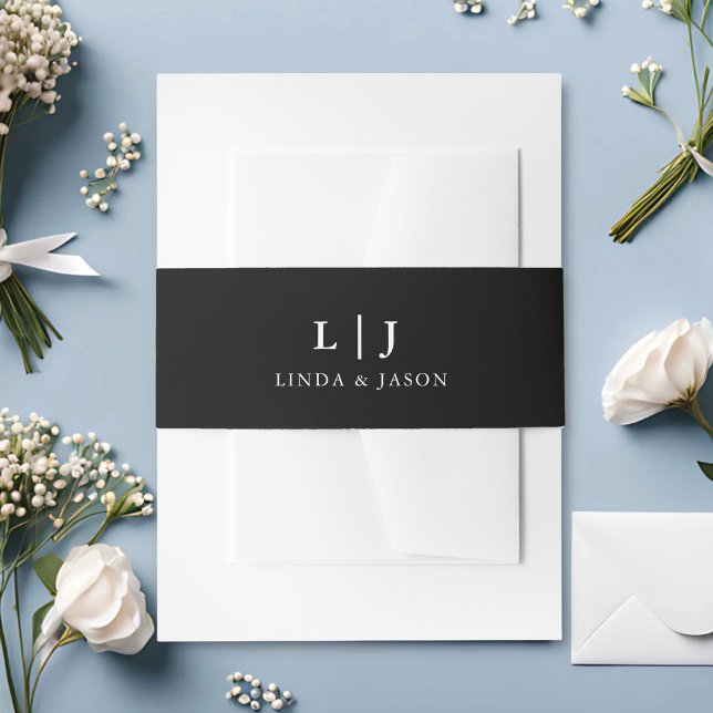 Black & White Monogram Couples Editable Wedding Invitation Belly Band (Black and white monogram belly band with your initials adds timeless elegance.)