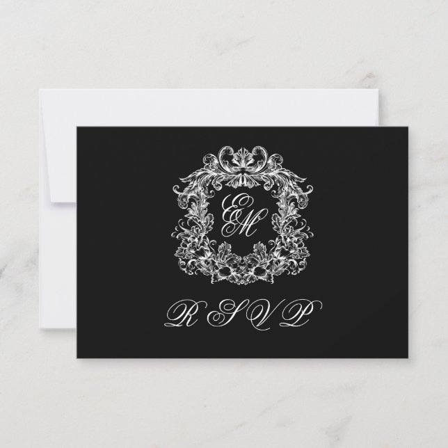 Black White Monogram Crest Elegant Wedding RSVP Card (Front)