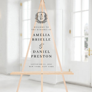 Black White Monogram Crest Wedding Welcome Sign