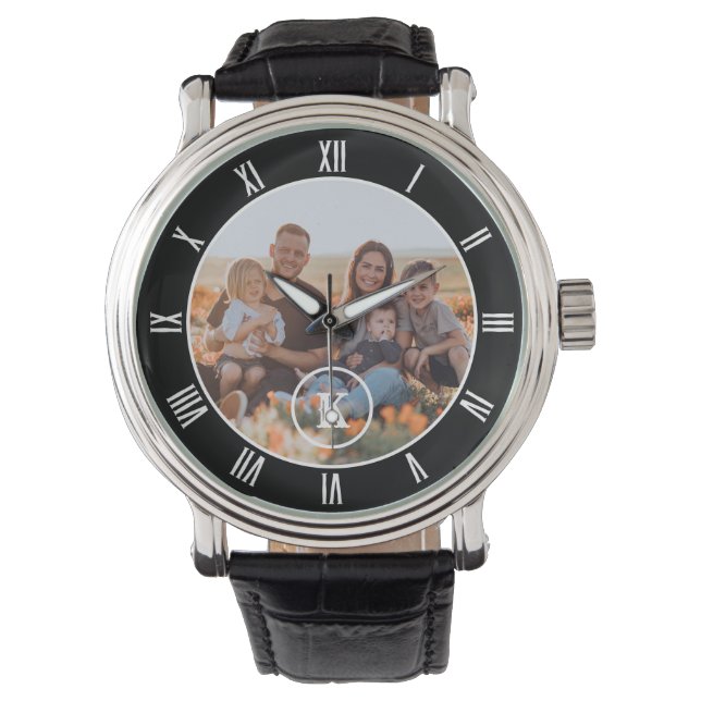 Black White Monogram Custom Photo Watch (Front)