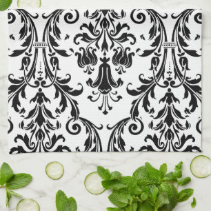 Black White Monogram Customize Name Floral Damask Tea Towel